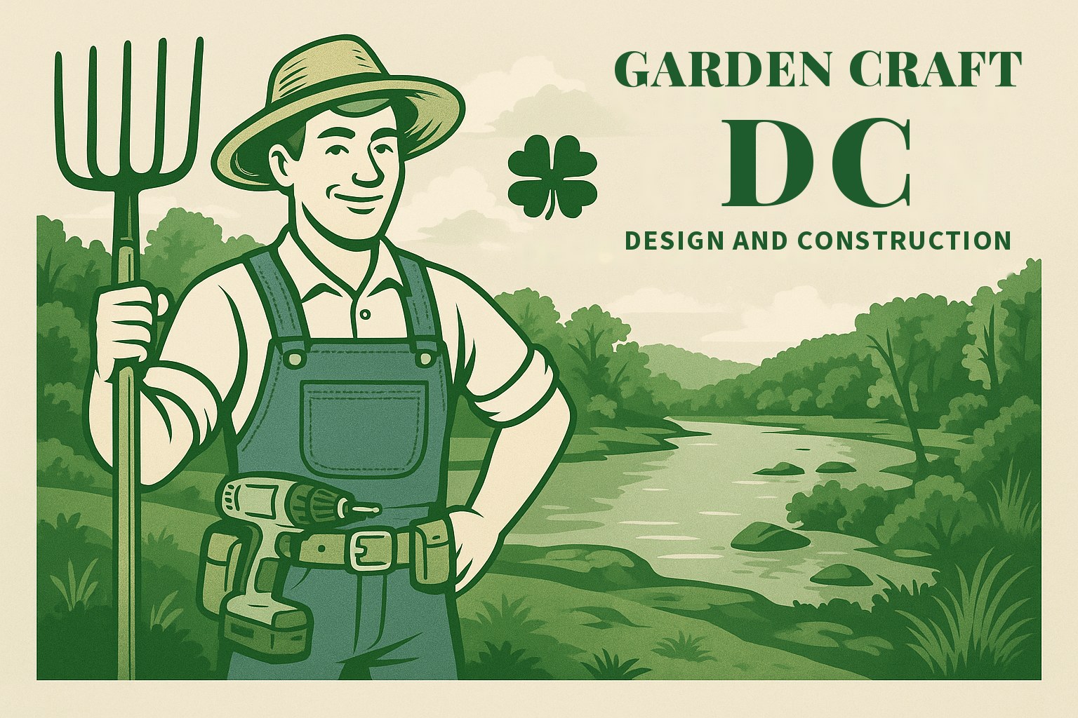 Garden Craft DC illustration of a gardener with a fork and a drill beside a stream